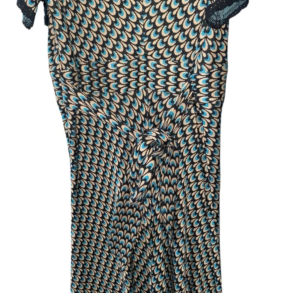 Vintage Betsey Johnson Peacock Feathers Green Blue Geometric A-Line Dress Large - Picture 6 of 7